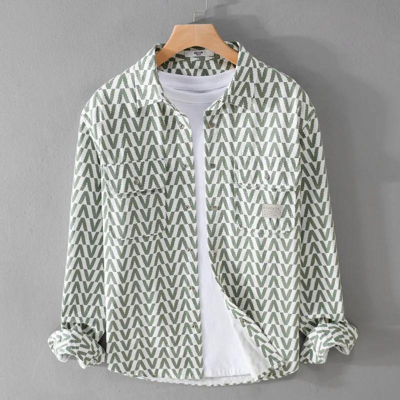 9789 Spring Fall Trendy Plaid Men'S Shirts Casual Loose Luxury Style Streetwear Youth Handsome Lapel Pockets Male Blouse Tops