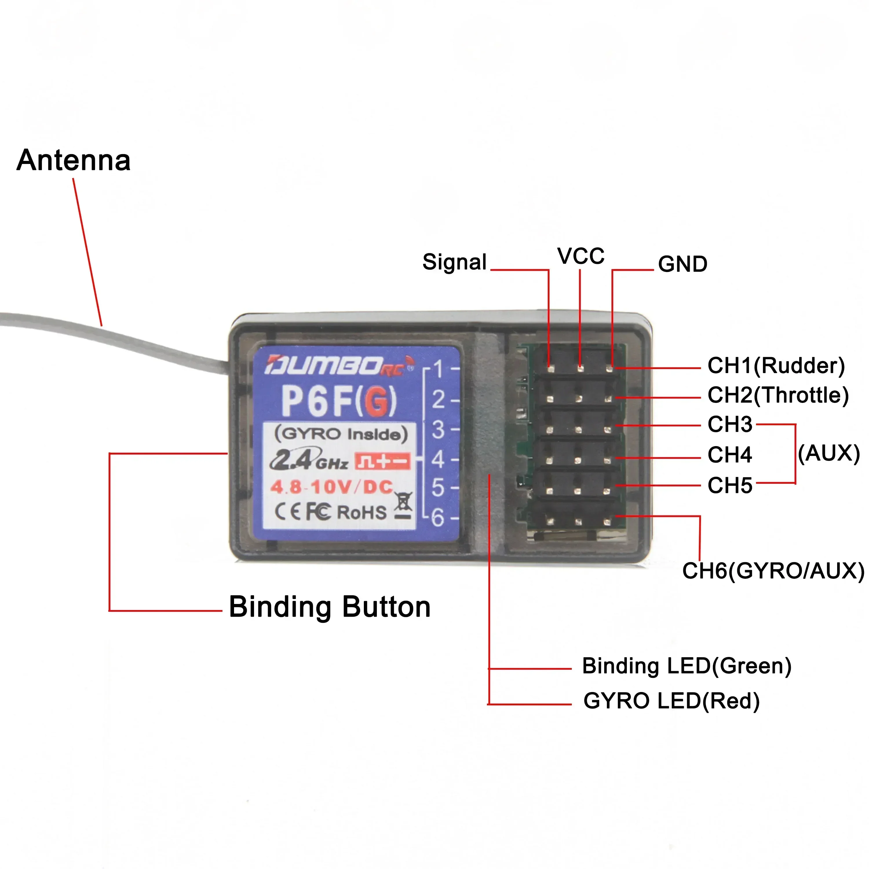 DUMBORC P6F P6FG X6DC X6DCG Giroscópio Receptor para X6 X5 X4 2.4Ghz 6CH Transmissor 1/10 1/8 RC Modelo Carro Crawler Barco Axial SCX10 D90