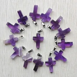 Fashion good quality natural amethysts stone cross shape pendant for jewelry making 20pcs/lot wholesale Fast shipping