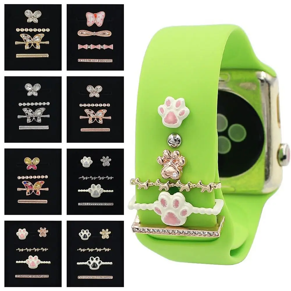 

Butterfly Diamond Decorative Charms For Apple Watch Band Cat Paw Metal Rings Ornament For iwatch Bracelet Silicone Strap Jewelry