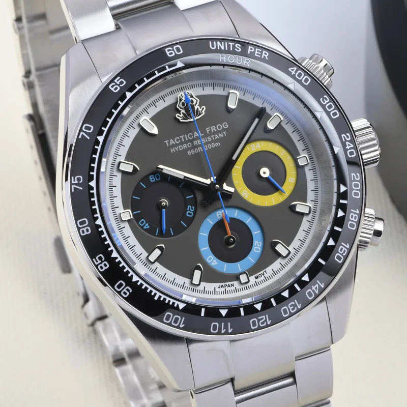 Tactical Frog 41mm Men's Timing Watch VS75 Solar Quartz Movement 316L Sapphire C3/BGW-9 Luminous Quartz Watches 200m Waterproof