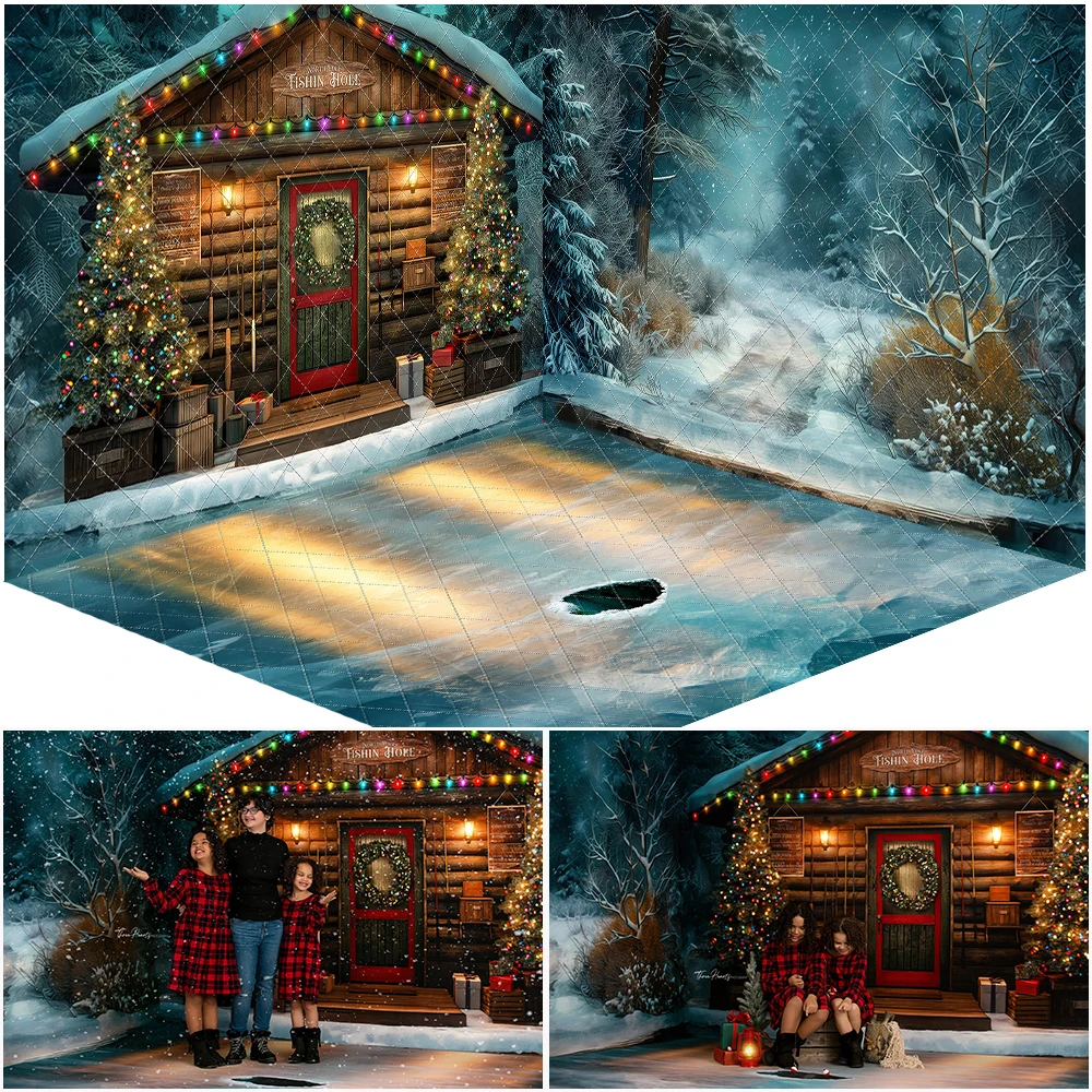 

North Pole Fishing Hole Trail Photography Backdrop Winter Frozen Lake Background Kids Birthday Cake Smash Photo Studio Props