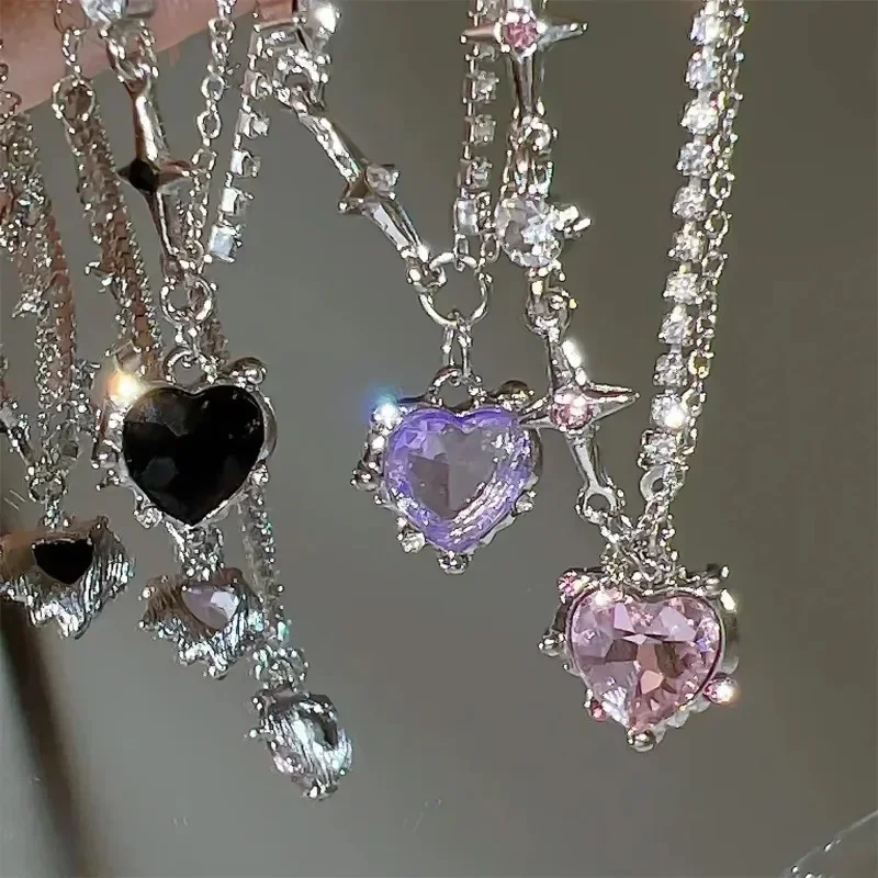 Gradient Purple Zircon Star Heart Necklace Crystal Cross Star Chain for Girls Simple and Atmospheric with a Variety of Clothing
