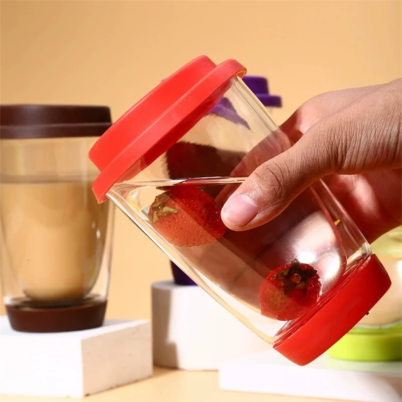 

350ML Creative Double Wall Heat-resistant Glass Coffee Mug+ Silicon Lid Set Mug Tumbler Lemon Tea Coffee Mugs and Cups
