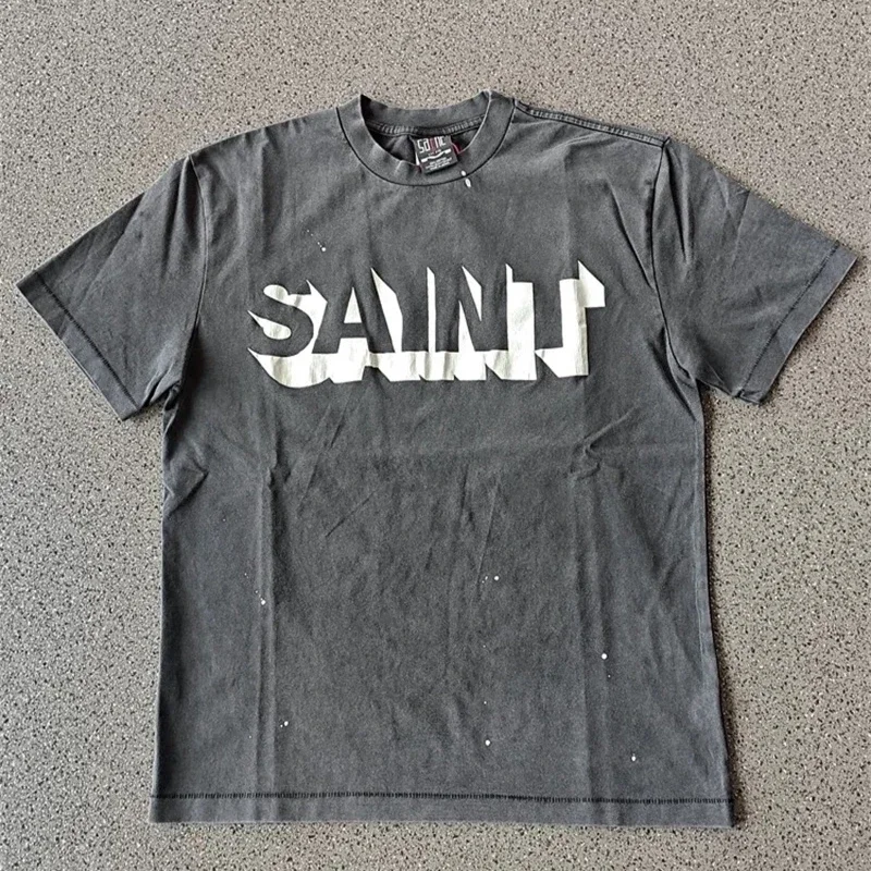 

2025 25SS Oversized Saint Michael T-Shirts Men Women 1:1 High Quality Crack SAINT Logo Printing Washed T Shirts
