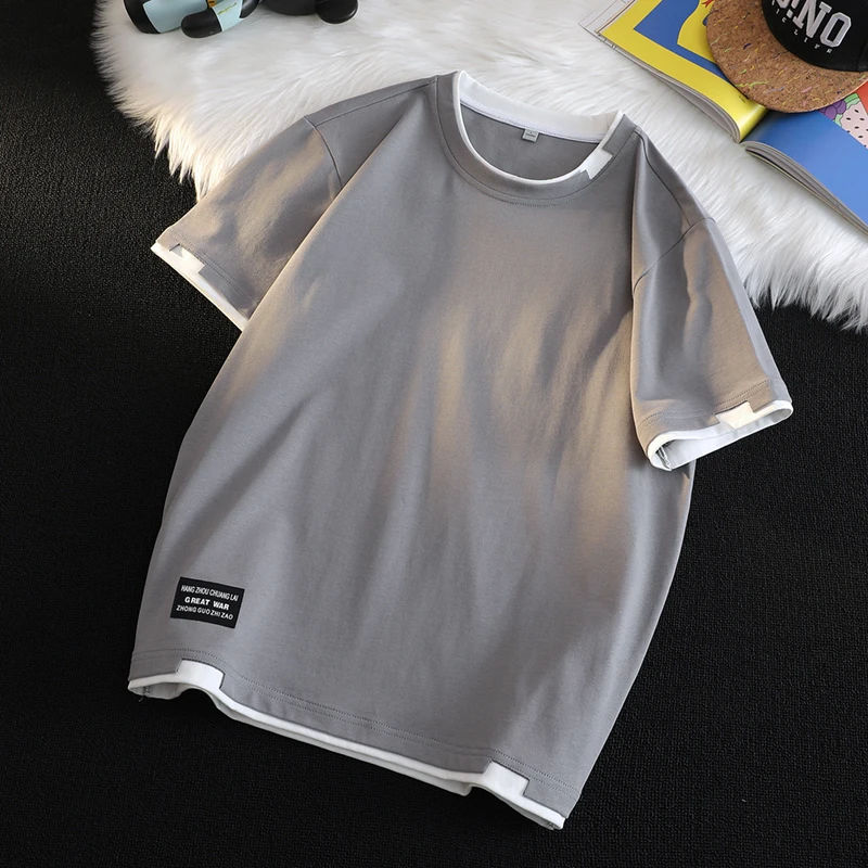 

Fashion O-Neck Color Block Spliced Fake Two Pieces T-Shirt Men Clothing 2025 Summer New Casual Pullovers Loose Korean Tee Shirts