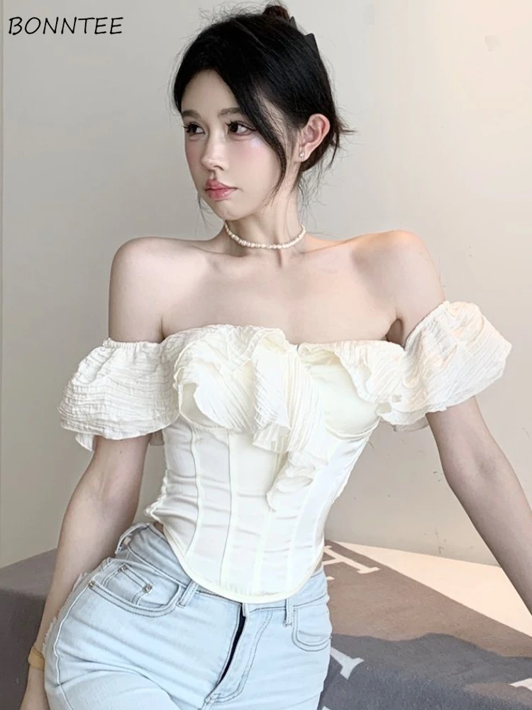 Blouses Women Slim Sexy Cropped Slash Neck Summer All-match Elegant Retro Popular Hot Girls Korean Style Daily Streetwear Casual