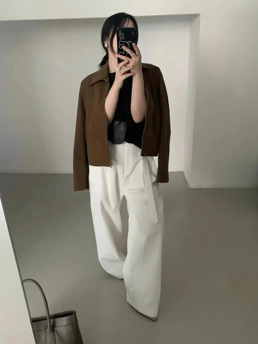 スリムフィット スエードレザージャケット レディース ショートコート ヴィンテージ ターンダウンカラー 秋の新スタイル 通勤スタイル 長袖 ジッパー