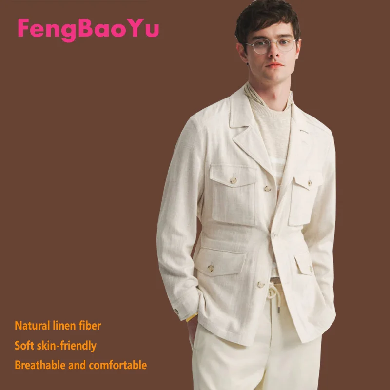 Fengbaoyu Natural Linen Men's Coat American Casual Shirt Retro Style Comfortable Men's Clothing Spring-Autumn