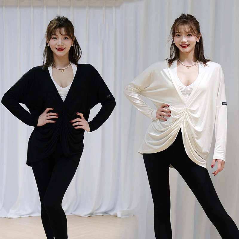 

Одежда для латинских танцев для взрослых женщин, свободные топы с длинными рукавами и V-образным вырезом, одежда для занятий румбой и самбой, спортивная тренировочная одежда DNV25948