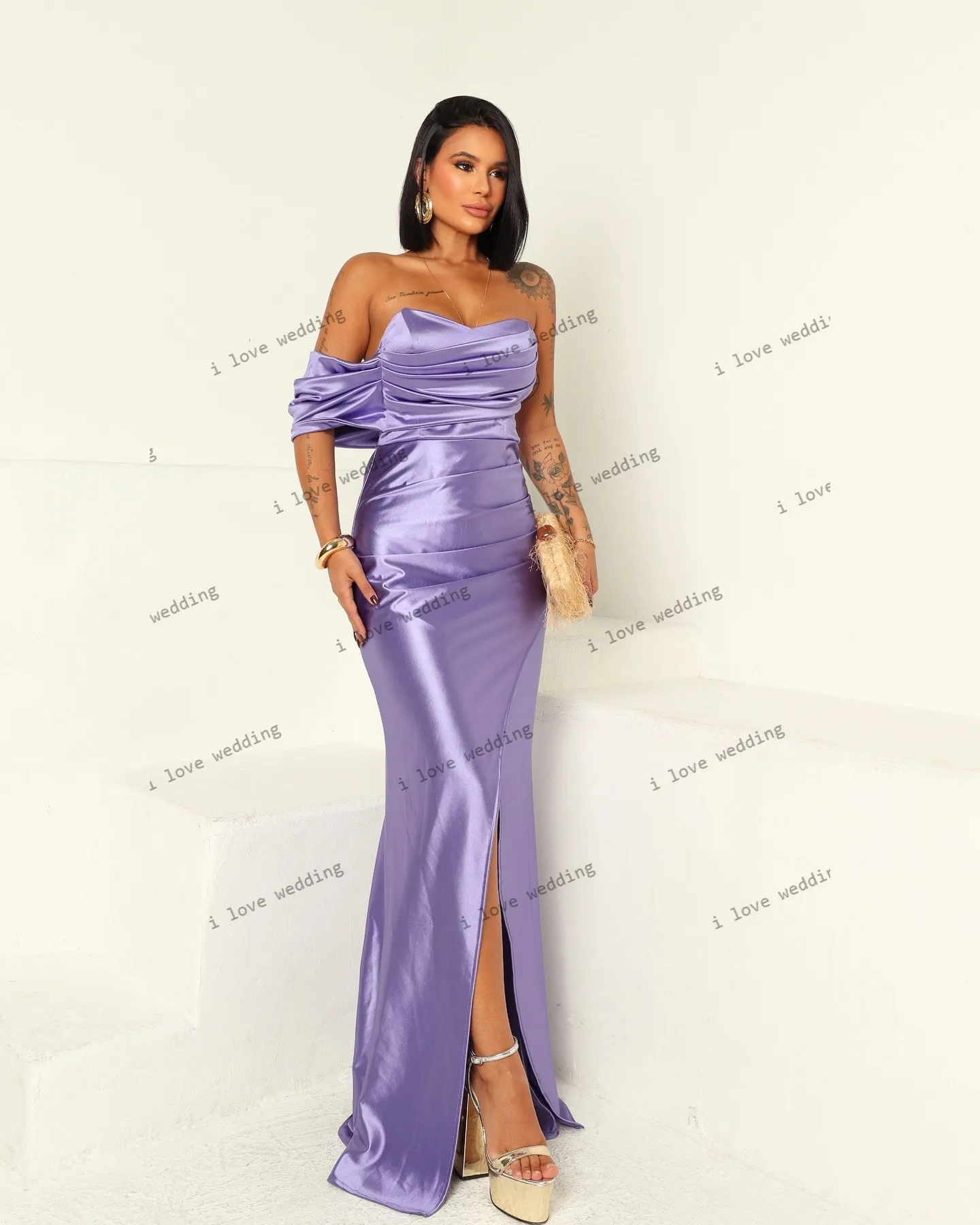 Zachód słońca pomarańczowe suknie wieczorowe bez ramiączek Off The Shoulder Ruched syrenka suknia ślubna dla kobiety satynowa elegancka dostosowana