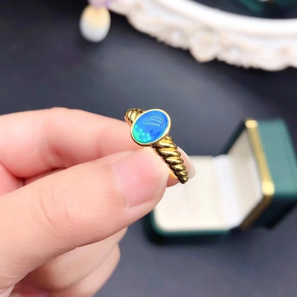 Simple 925 Silver Blue Opal Ring 6mm*8mm Treated Natural Opal Ring 18K Gold Plated Gemstone Silver Ring for Daily Wear