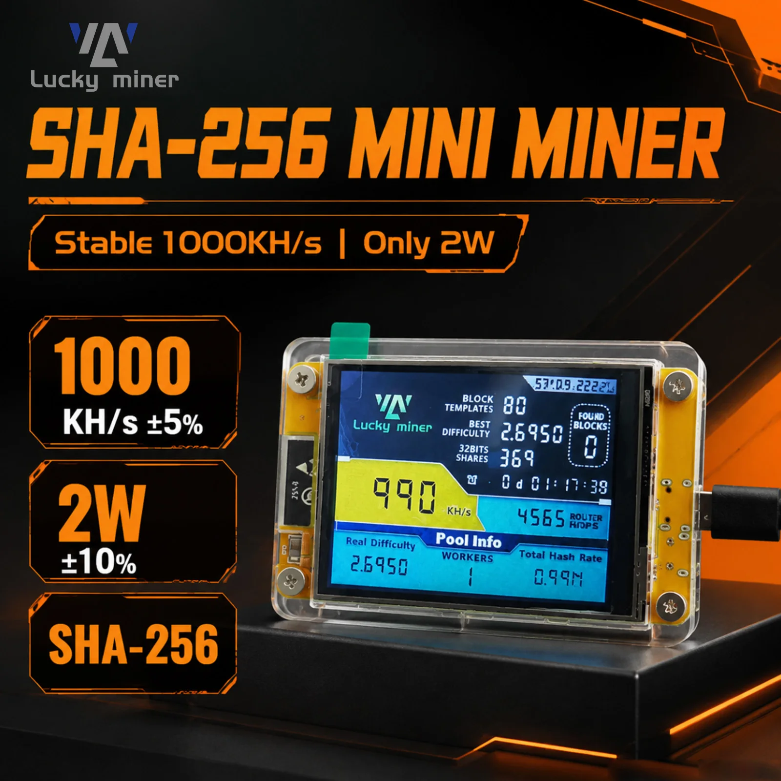 LV04 Bitcoin NerdMiner V2 2,8 Zoll Solo-Miner |   1000KH/s SHA-256 Home-BTC-Mini-Kryptominer |   Plug & Play Maschine mit geringem Stromverbrauch