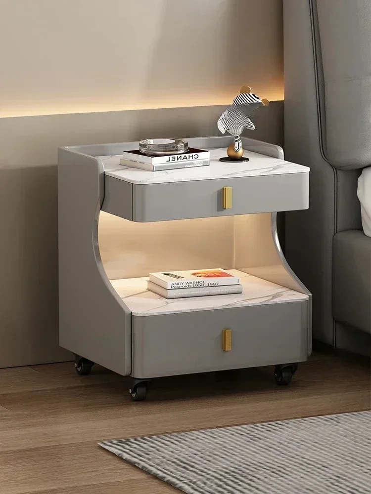 Italian lacquered rock slab bedside table, all solid wood sensor lamp, light luxury storage cabinet