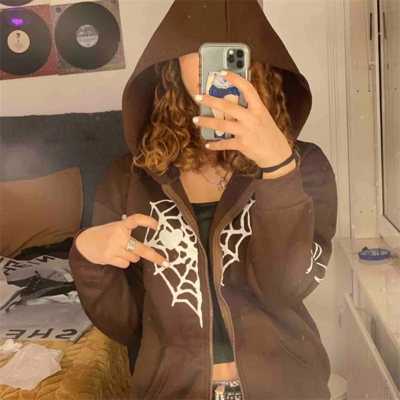 

Autumn New Y2k Couple Hip Hop Spider Web Print Zip Hoodie Sweatshirt Gothic Punk Harajuku Couple Casual Oversized Jacket Hooded