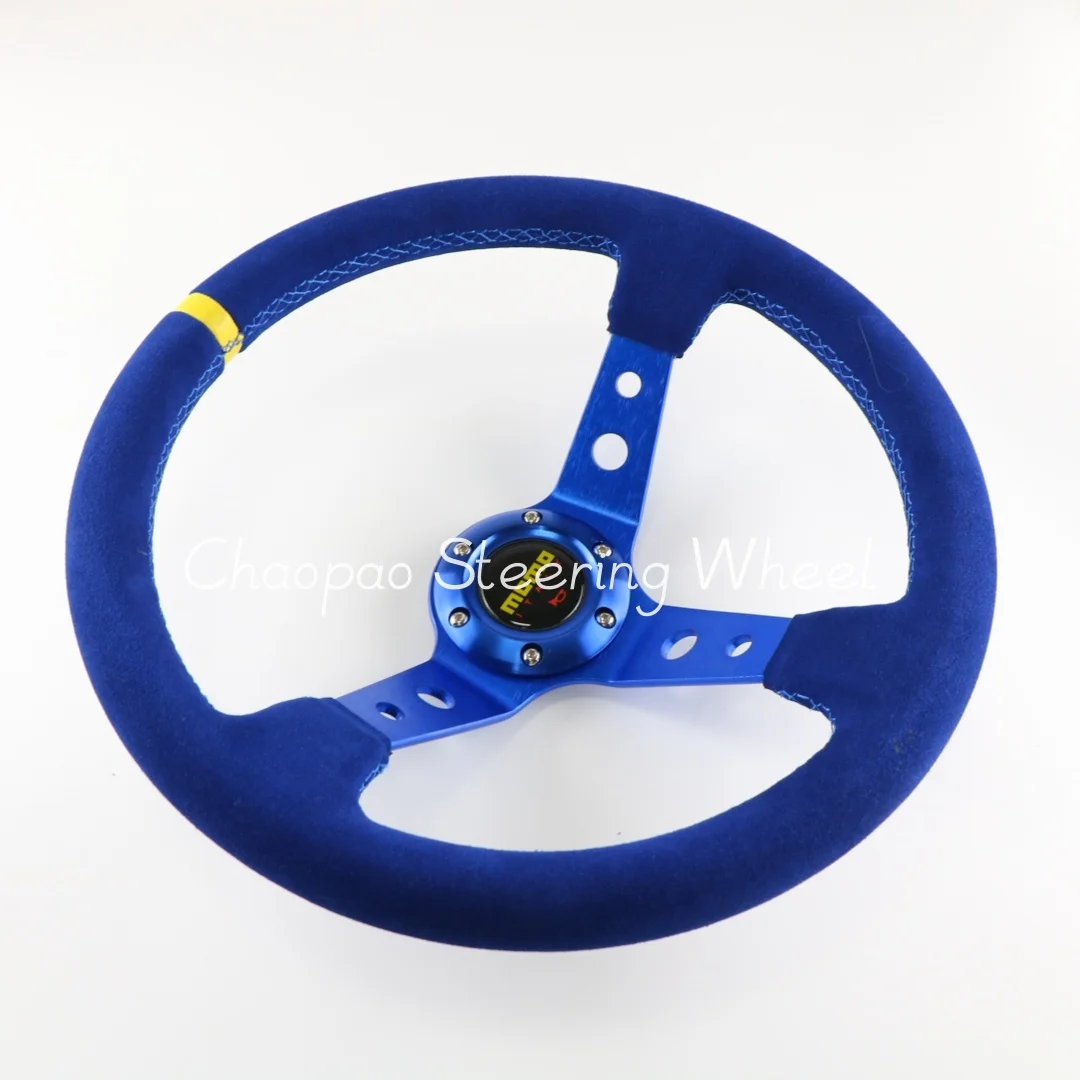 MOM* 14inch 350MM Suede Deep Concave Steering Wheel Horn Button Black Blue Braided Wire Sports Car Racing Universal