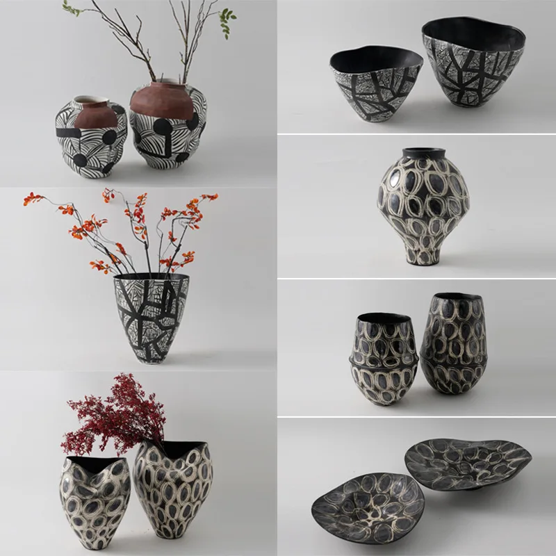 Modern new Chinese retro black hand-painted lines circle ceramic large vase ornament hotel bed and breakfast living room decorat