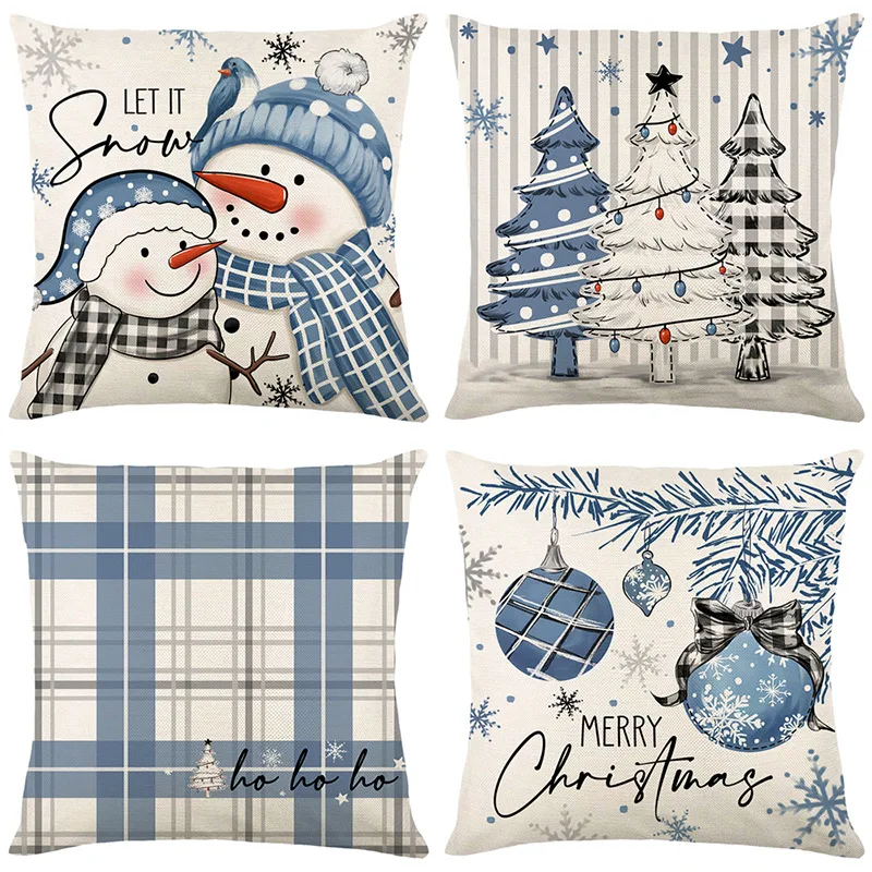 Blue Plaid Christmas Pillow Cover Linen Printed Snowman Decorative Sofa Pillowcase Party Decor Home Cushion Cover 45X45Cm