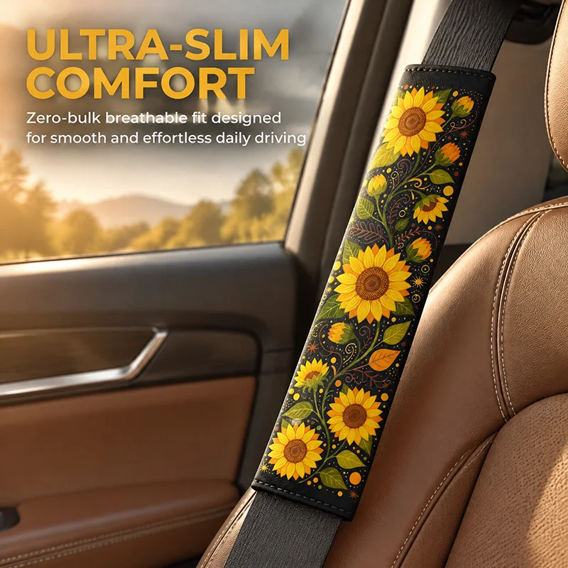 2PCS Sunflower Retro Flower Car Seat Belt Shoulder Cover, Shoulder Protection Universal Neck Protection, Soft and Comfortable, Versatile for All Seasons, Suitable for All Car Interiors and Interior Accessories