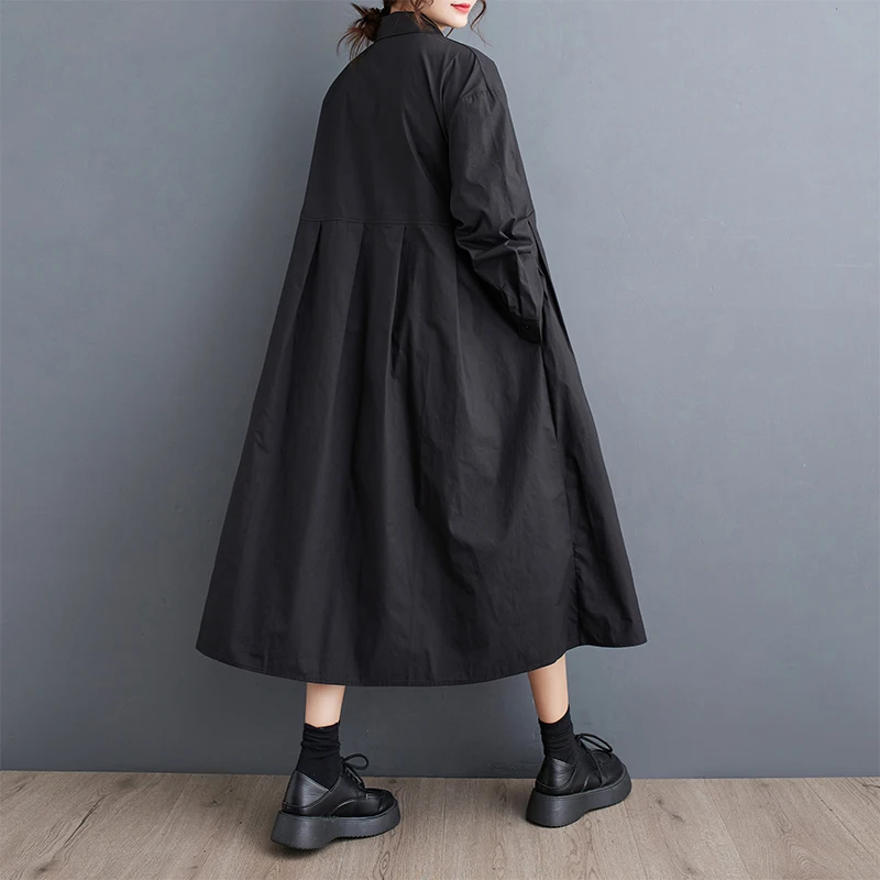 #4064 Black Vintage Long Shirt Dress Loose Buttons Turn-down Collar A-line Dress Long Sleeve Loose Retro Midi Dress Split Joint