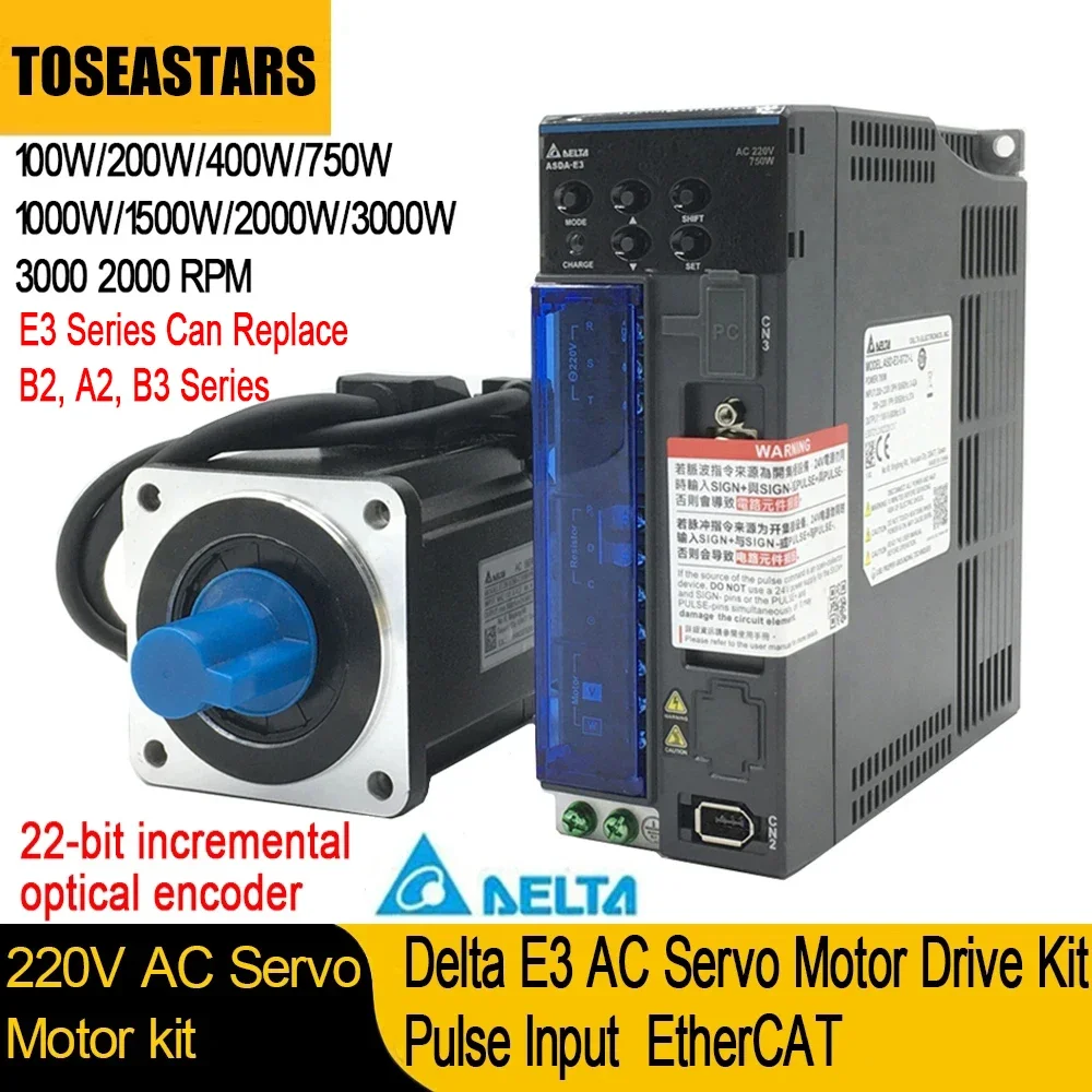 jogo do servo motor da serie do delta e3 220v ca 400w 750w 1kw 40 mm 60 mm 80 mm 130 mm 180 mm flange 22bit substituem b2 b3 entrada do pulso a2 ethercat 01