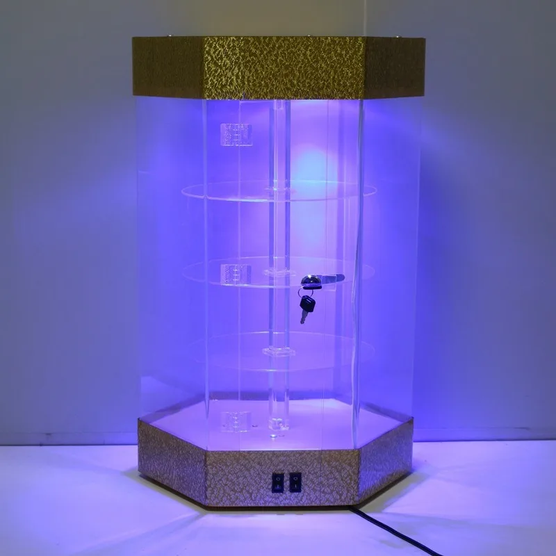 Plexiglass perfume skin care product counter, luminous rotating exhibition acrylic watch display cabinet with lock