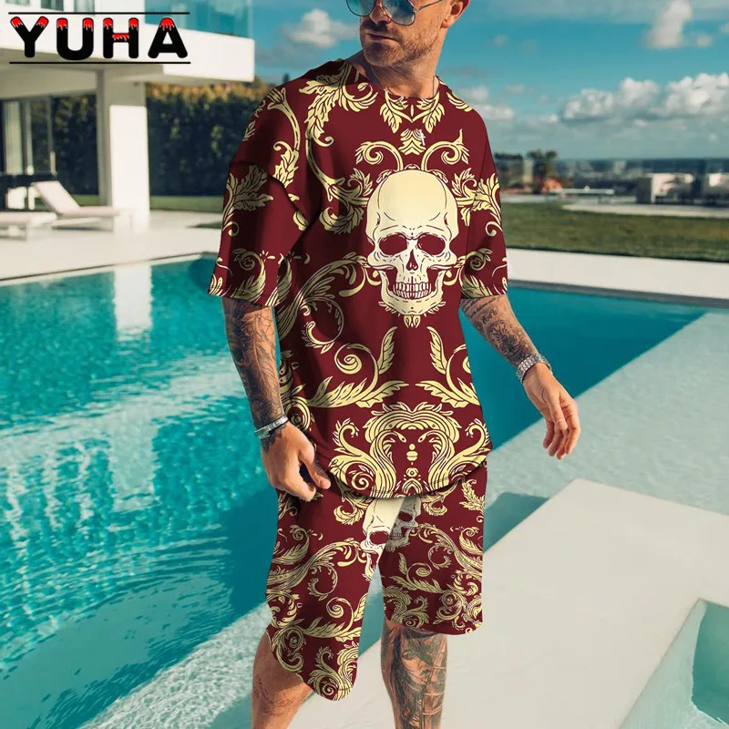 T Shirt Sets 3D Terrible skeleton Print YUHA,Summer Men\'s Clothing Casual Shorts Tracksuit Male 2 Piece Suit Newest  Short Sleev