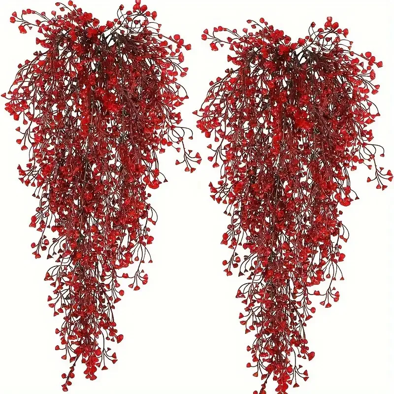 1 قطعة مجموعة إكليل الزهور الاصطناعية البونسيتة الحمراء الواقعية والجرس الذهبي الصفصاف الكرمة مع أوراق الشجر الخضراء اليدوية المظهر واقعية #3
