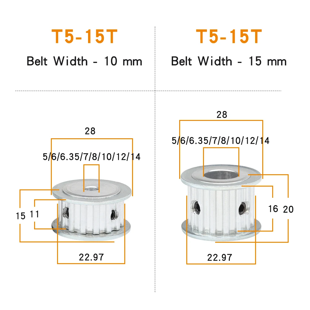 Timing Pulley T5-15T Bore 5/6/6.35/7/8/10/12/14mm Alloy Wheels AF Shape Teeth Pitch 5mm Match With T5 Width 10/15 mm Timing Belt