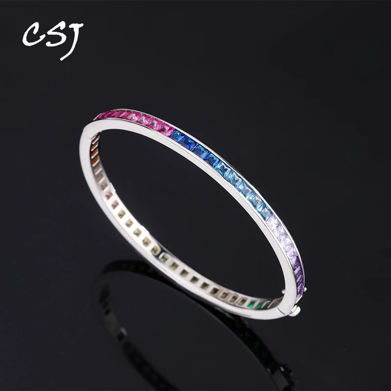 

CSJ Real 925 Silver Bangle Sterling Setting Pave Sparkly Rainbow Zircon for Women Girl Party Jewelry Gift