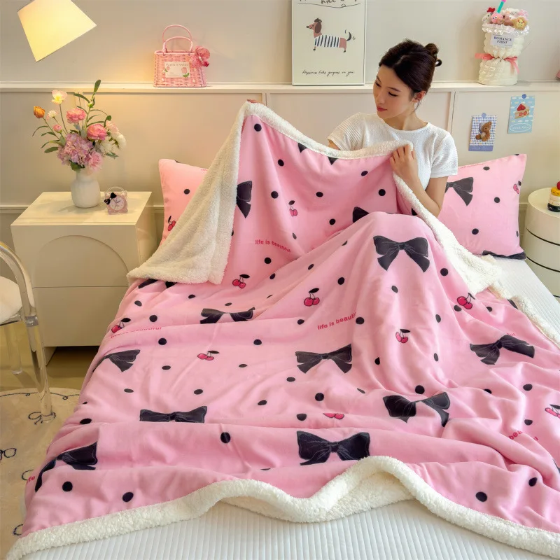 Cartoon Printed Lamb Wool Thin Blanket Velvet Soft Skin-Friendly Sofa Cover for All Seasons Portable Nap Shawl for Car Travel