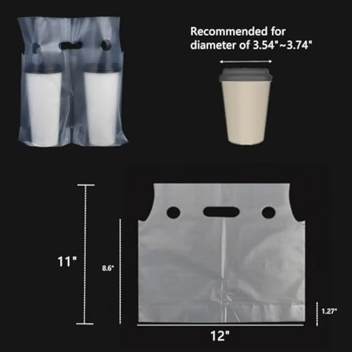 200 Pack Drinking Bags, 2 Cups Drink Carriers for Delivery, 12' L x 11' H Disposable Clear Plastic Packaging Poly Cup Bags with