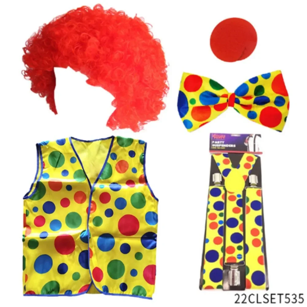 Accessoires de costume de clown, perruque, gilet, cravate, nez de clown, etc. conviennent aux costumes de fête du parc d'attractions