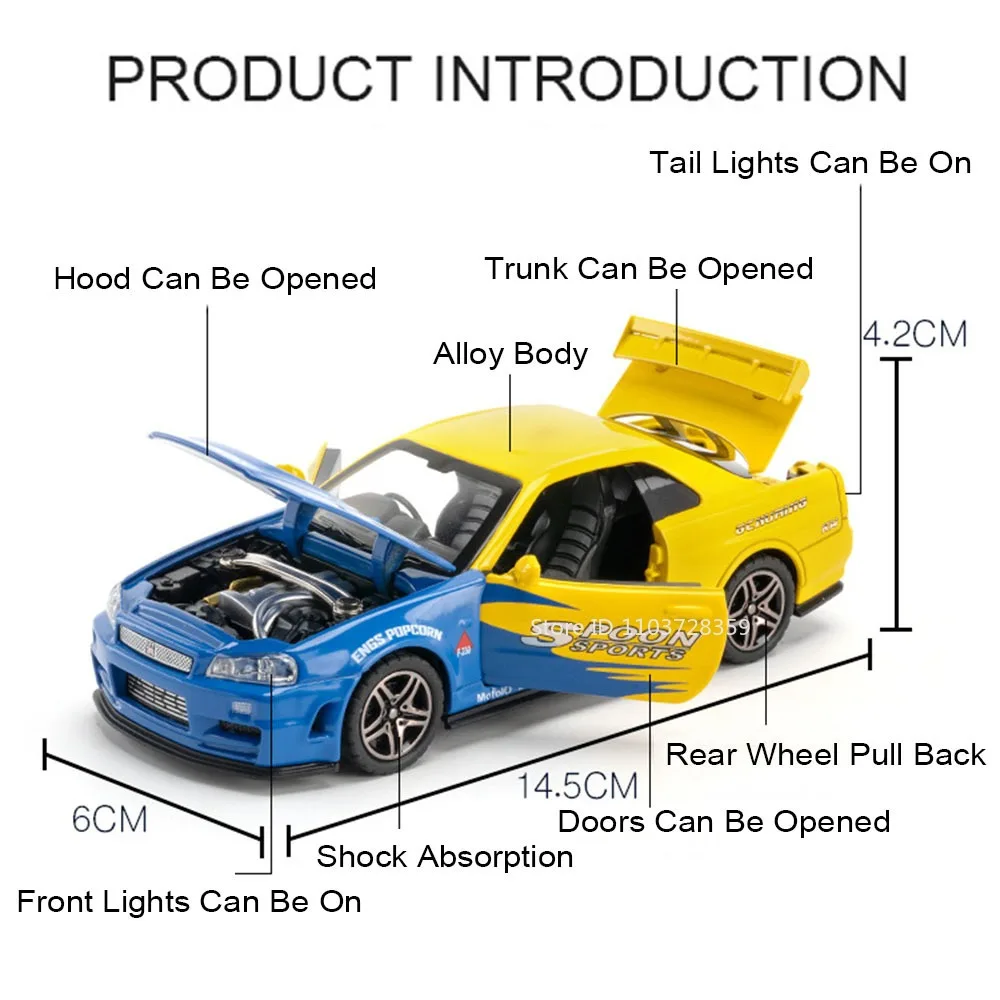 1:32 Mitsubishi EVO GTR34 Supercar Model Toys Alloy Diecast Sound Light Pull Back Doors Opened Miniature Sports Cars Kids Gifts