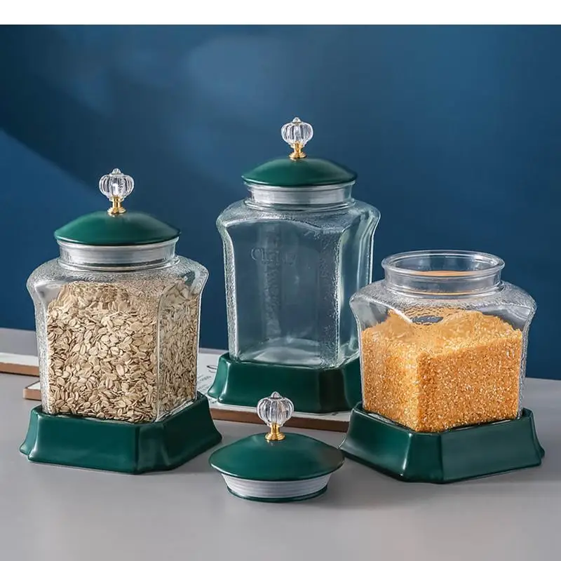 Transparent Glass Jar with Ceramic Cover Food Sealed Can Three-piece Suit Candy Grain Storage Decorative Finishing Box