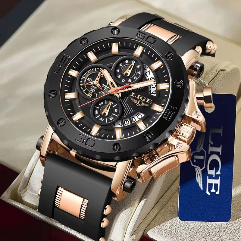 

LIGE 2025 новые деловые силиконовые мужские часы, лучший бренд, роскошные кварцевые часы для мужчин, водонепроницаемые спортивные военные наручные часы с большим циферблатом