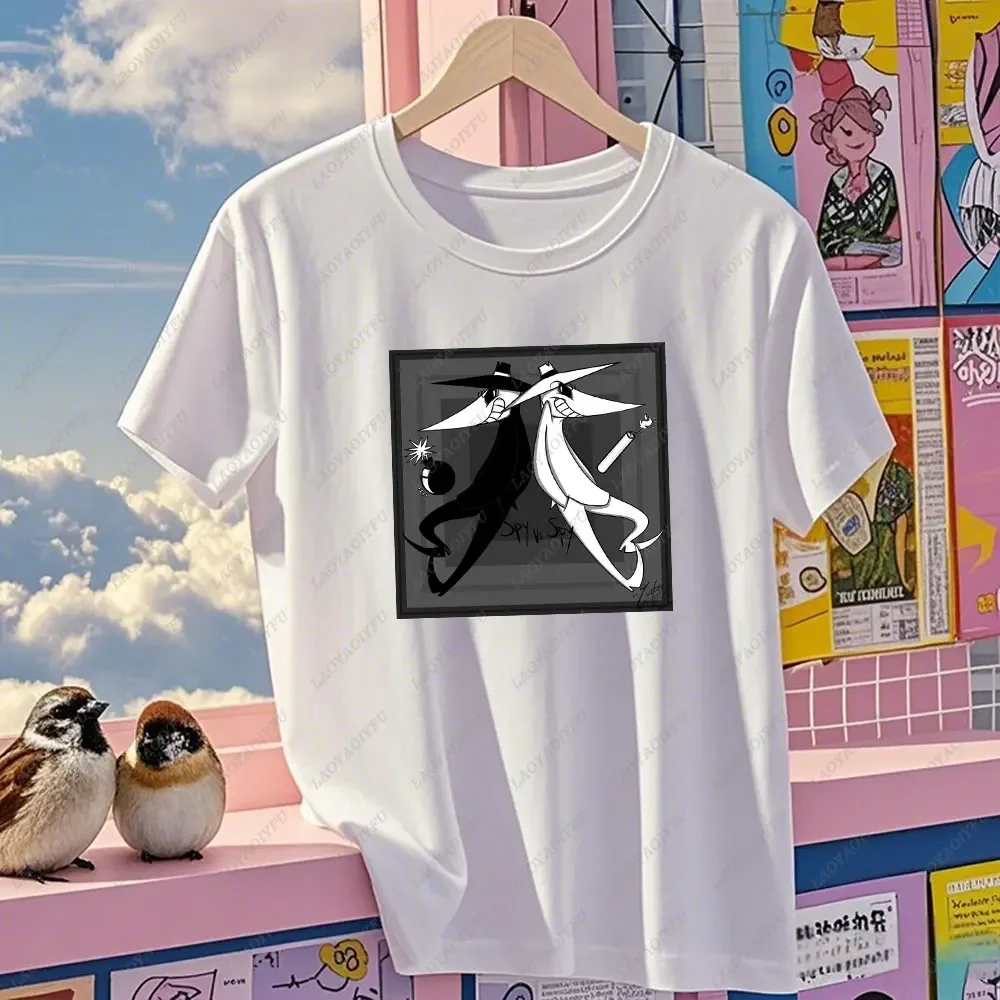 Camiseta unissex de algodão com estampa de desenho animado spy vs spy, preto e branco, masculina, de alta qualidade, manga curta, moda verão, harajuku