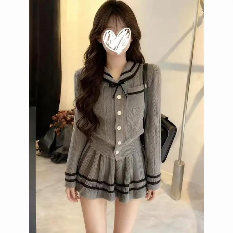 Korean College Style Knitted Open Cardigan Set Women Winter Fashion Age Reduction Soft Sweater Waist Cinch Slimming  Skirt
