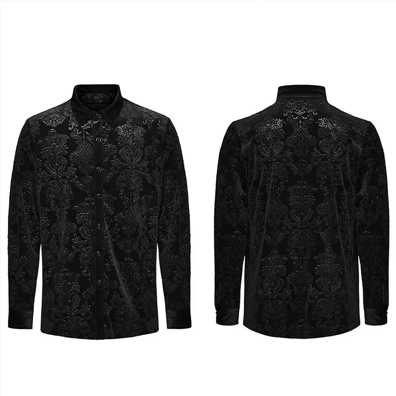 PUNK RAVE Men\'s Gothic Simple Version Embossed Velvet Shirt Party Loose Tops Black Shirts Autumn/Winter Men Clothing