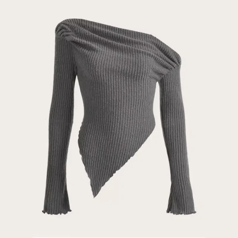 Women Long Sleeve Casual Sweater Handkerchief Hem Solid Autumn Winter Asymmetrical Neck Rib-knit Tee Strapless Blouse