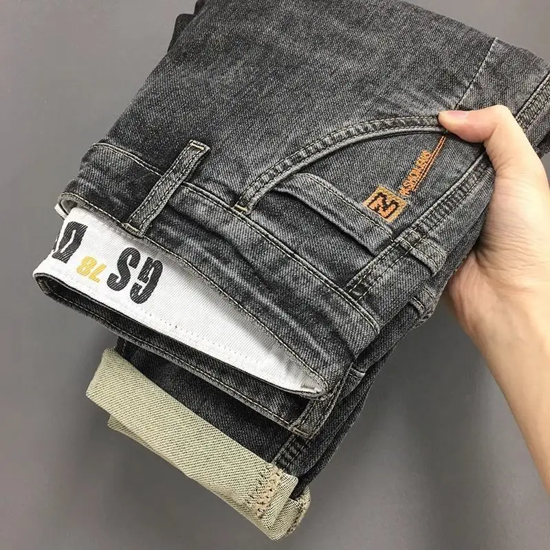 

Summer Thin Black and Gray Jeans Men's High-end Trendy Brand Diagonal Pocket Embroidered Slim-fitting Small Feet Elastic Pants