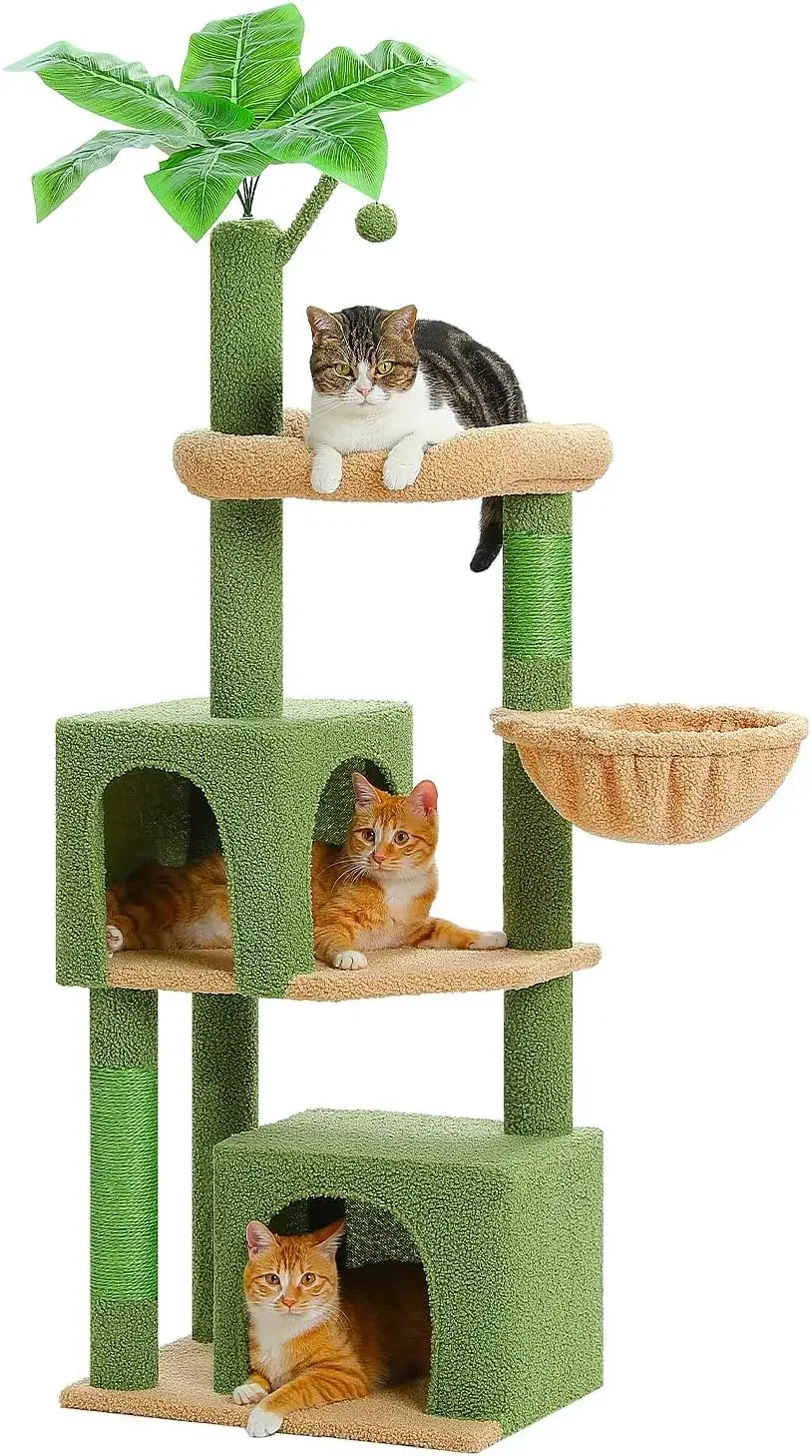 53in Cactus Cat Tree with 2 Cat Condos,Hammock and Removable Pompom Sticks,Cat Tower with Scratching Posts