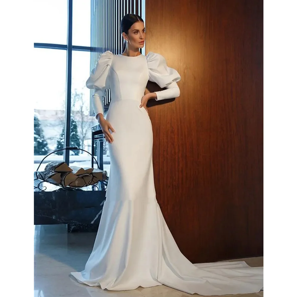 Customized Puff Long Sleeves Satin Mermaid Wedding Dress Open Back Charming Ivory White Bridal Gown With Buttons Decoration