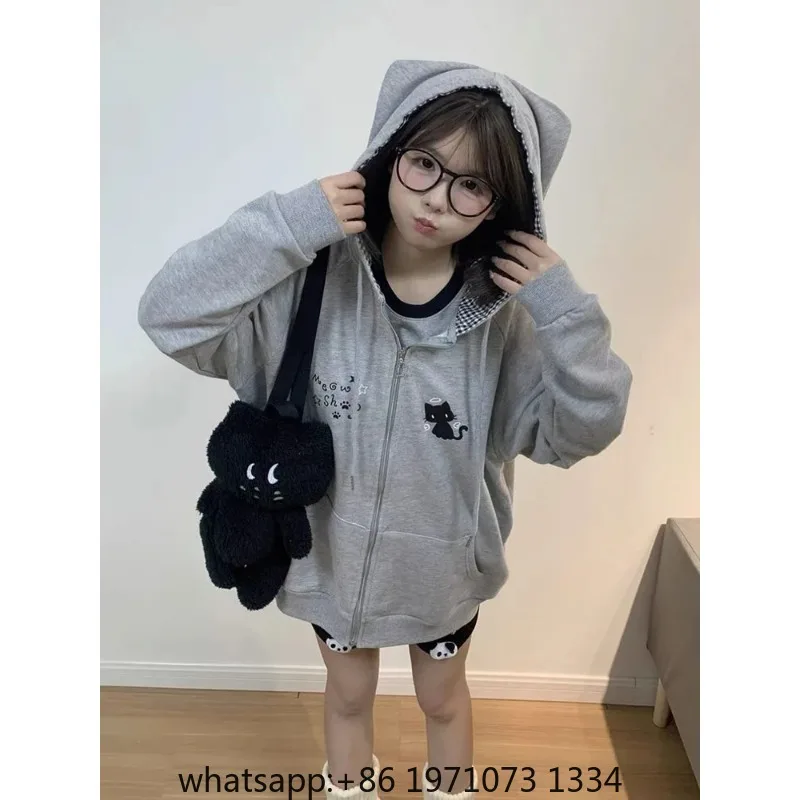 Ropa Mujer Japanese Cute Hoodies Coats Cute Cat Print Hooded Sweatshirts Y2K Tops Women Clothing Casual Zipper Loose Hoodie