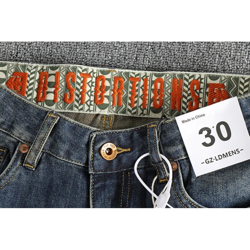 Waist Embroidery Design Heavy Retro Blue Washed Worn Jeans Men's Fit Pencil Pants High-End Trendy Trousers