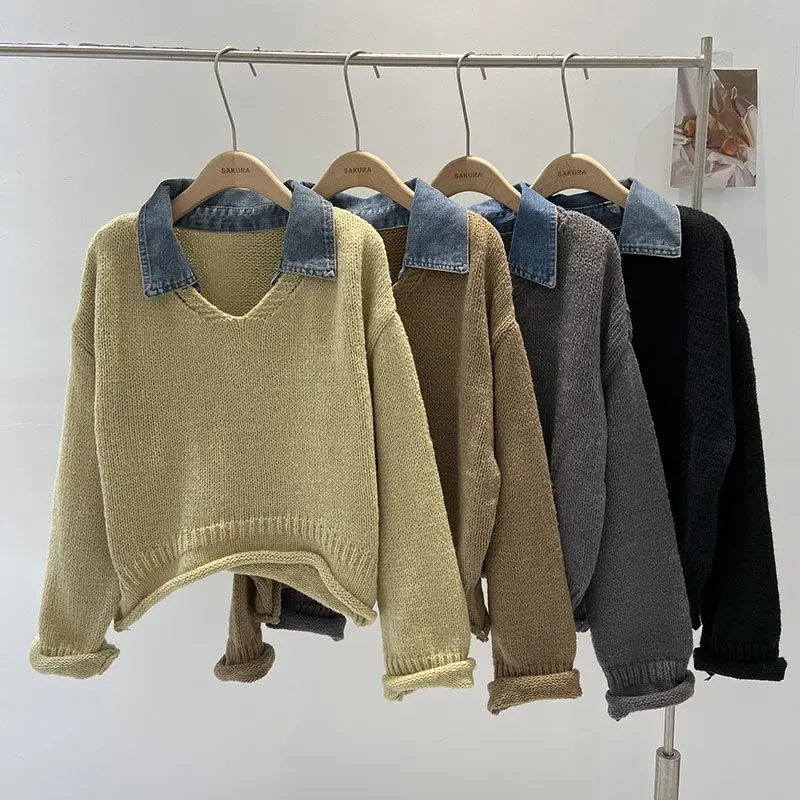 

Japanese Sweet Lazy Style Retro Denim Splicing Fake Two-piece Design-sensory Lapel Loose Knit Sweater Sweater