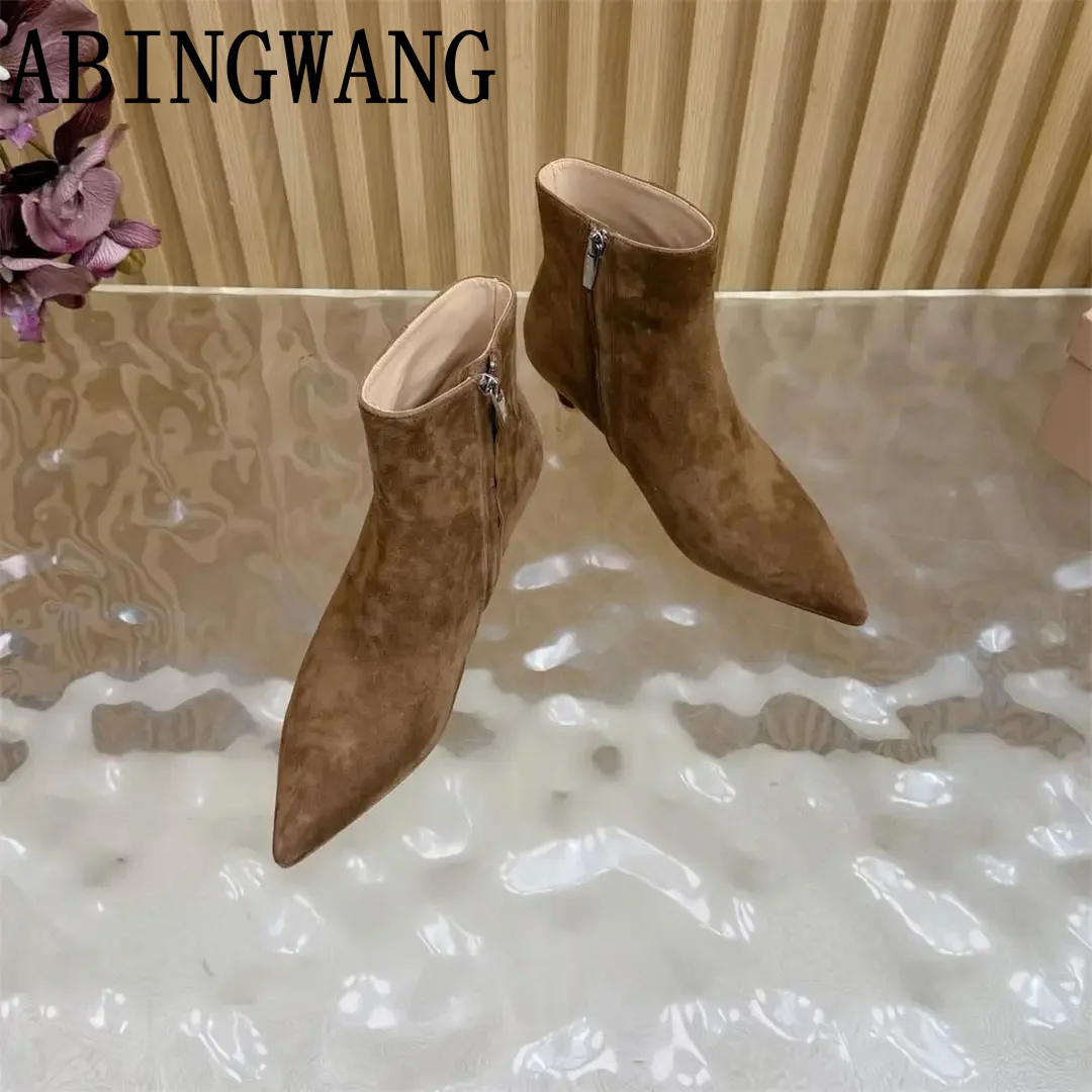 

High Quality Leather Suede Ankle Boots Women Pointed Toe High Heel Sexy Chelsea Shoes Women Sexy Short Boots Mujer