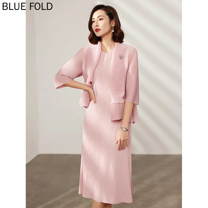 Miyake Pleated Fashion Dress Set, Seven-Point Sleeved Cardigan Top, Slit Midi Dresses, Elegant, 2-Piece