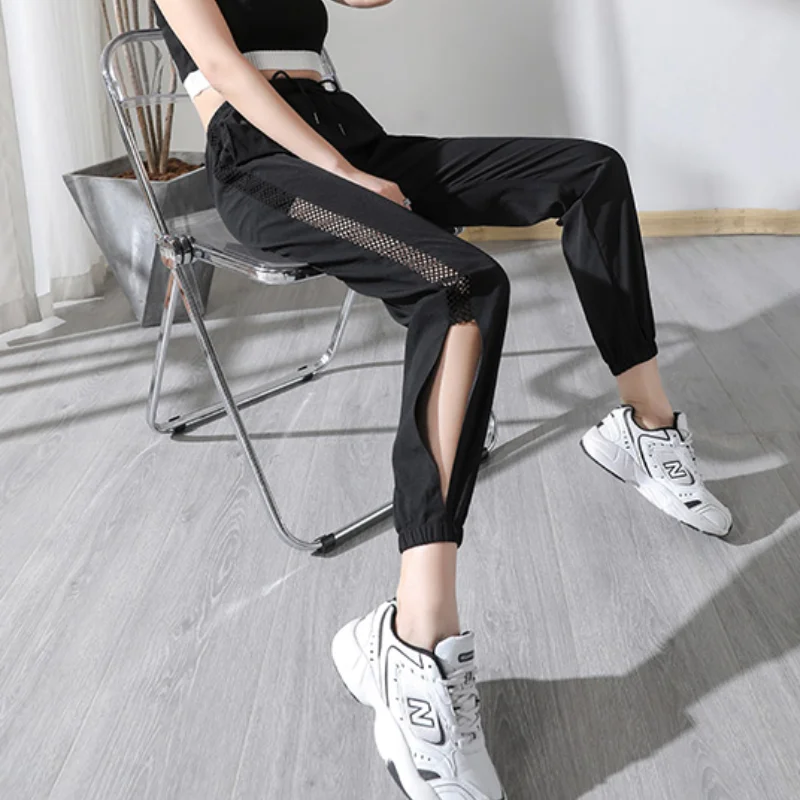 Pants Women Harem Trousers Ulzzang Mesh Side-slit Loose Hollow Out High Waist Street Wear Style Ankle-Length Trendy College Ins