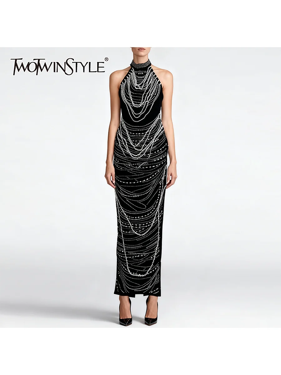 

TWOTWINSTYLE Slimming Spliced Chains Fashion Dresses for Women O Neck Sleeveless Patchwork Bead Elegant Dress Female Clothes New